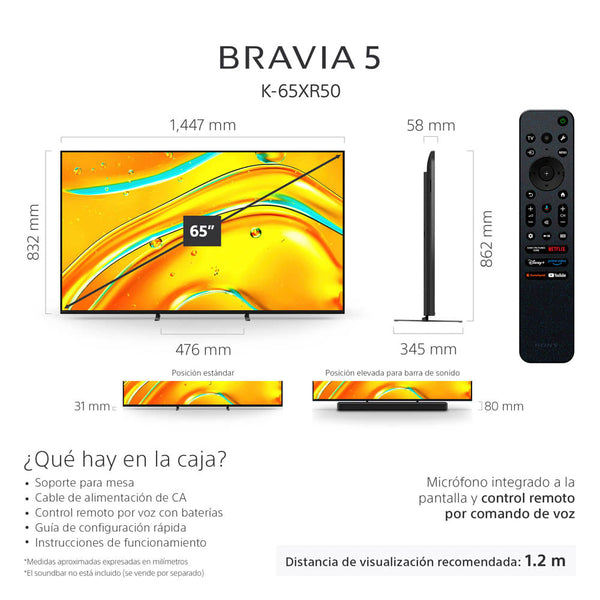BRAVIA 5  Procesador XR  Mini LED  4K Ultra HD  Alto rango dinámico (HDR)  Smart TV (Google TV)  K-65XR50 LA8