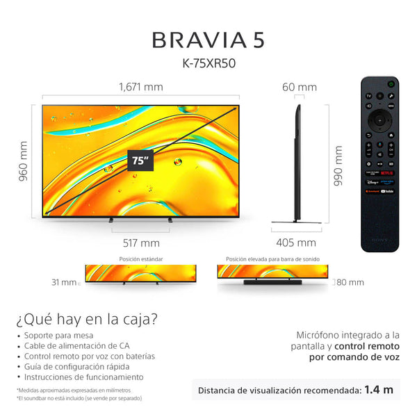BRAVIA 5  Procesador XR  Mini LED  4K Ultra HD  Alto rango dinámico (HDR)  Smart TV (Google TV)  K-75XR50 LA8