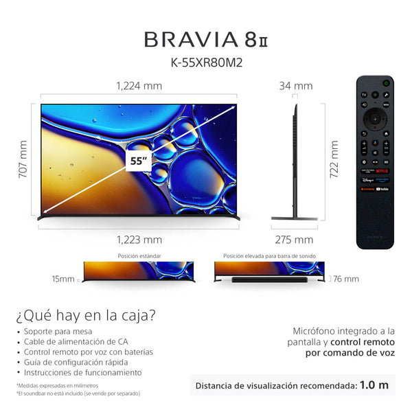 BRAVIA 8 II  Procesador XR  OLED  4K Ultra HD  Alto rango dinámico (HDR)  Smart TV (Google TV)  K-55XR80M2 LA8