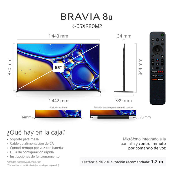 BRAVIA 8 II  Procesador XR  OLED  4K Ultra HD  Alto rango dinámico (HDR)  Smart TV (Google TV)  K-65XR80M2 LA8